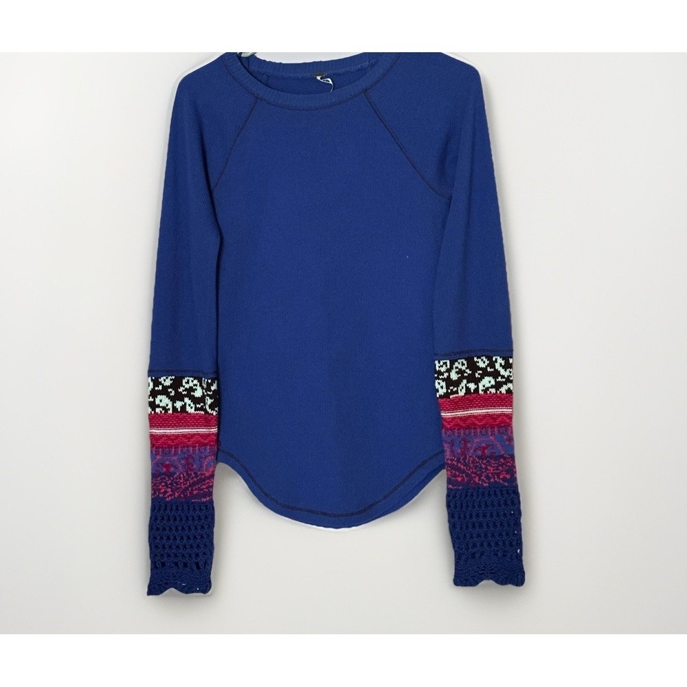 Free People Waffle Knit Henley Thermal Boho Crochet Cuffs Beach Festival Retro S